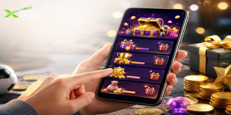 A detailed breakdown of X555 Bonus Promotions displayed on a sleek mobile casino interface.