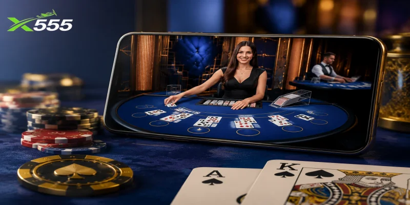 A high-resolution display of live dealer blackjack on the X555 mobile application.