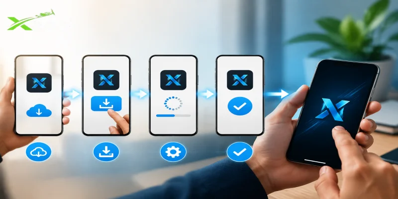 A step-by-step visual demonstration of the X555 App Installation Guide on an Android smartphone.