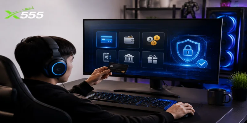 A user accessing the secure payment gateway options on the X555 desktop website.