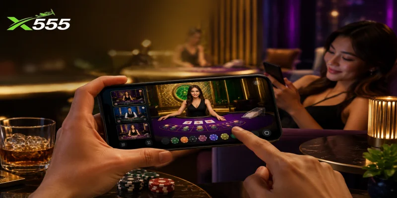 A user exploring live dealer games on the X555 Mobile Entertainment App interface.