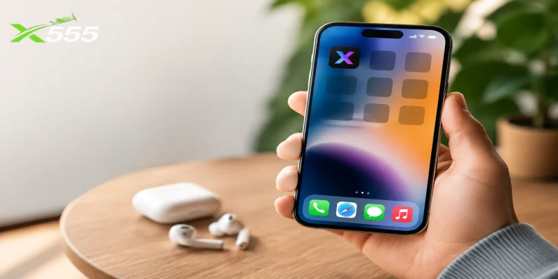 An iOS home screen featuring the newly installed X555 application icon ready for mobile betting.