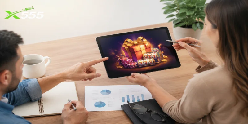 Players analyzing terms and conditions of promotional offers on a tablet screen.