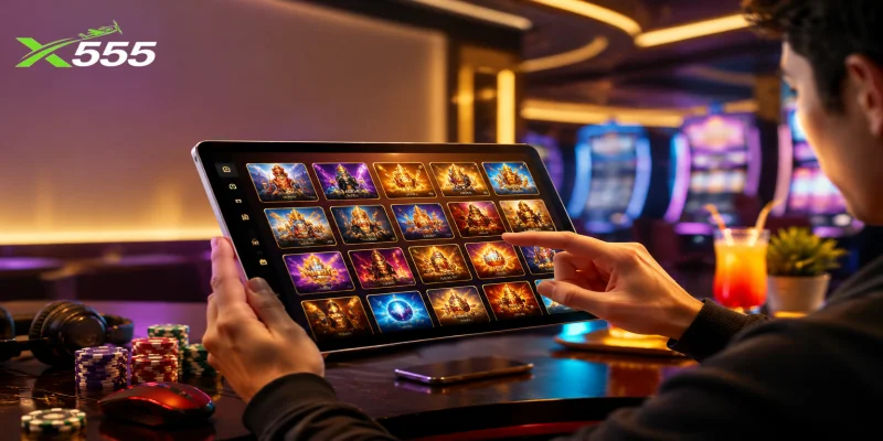 Players exploring the diverse selection of slot games on the X555 Online Gaming Platform interface.