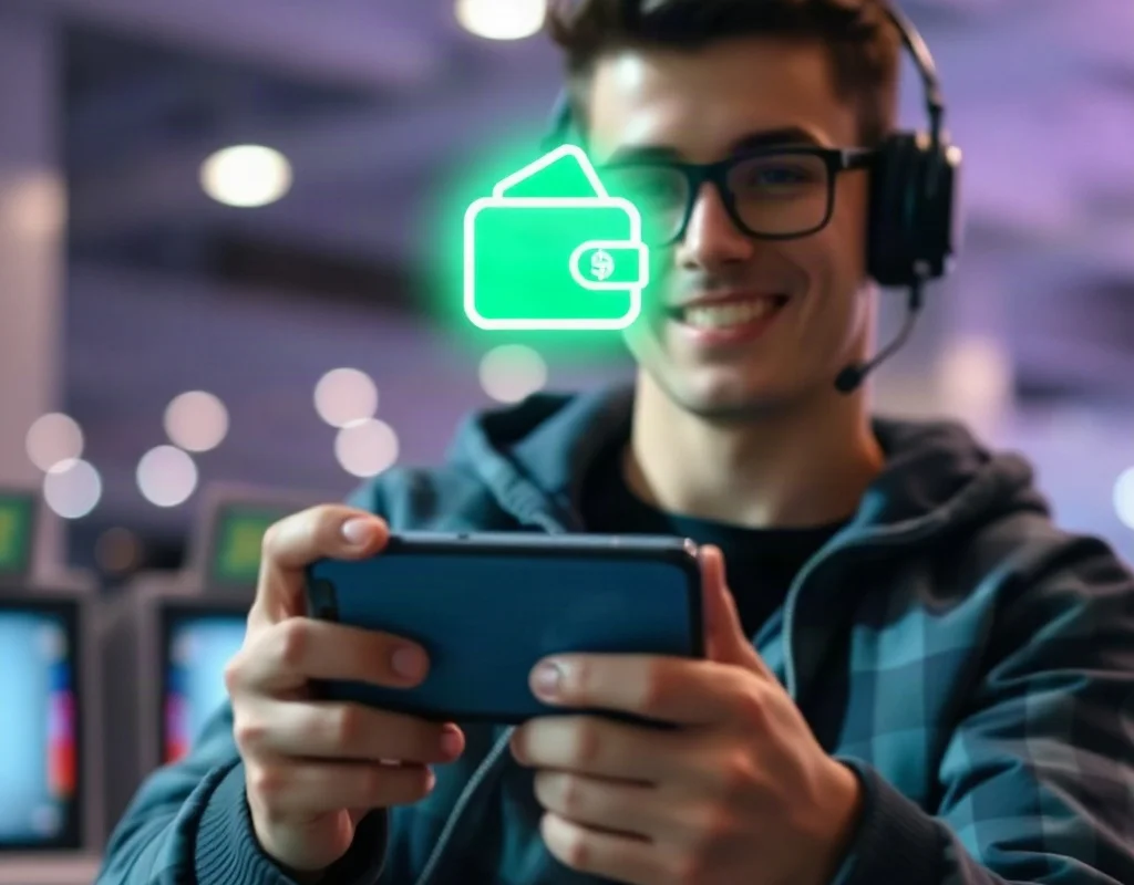 Happy gamer depositing money into X555 game app using a mobile wallet