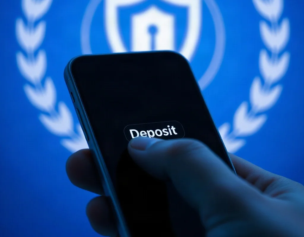 User tapping deposit button in X555 app with security shield