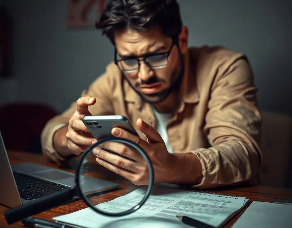 Person researching X555 game safety on smartphone with magnifying glass