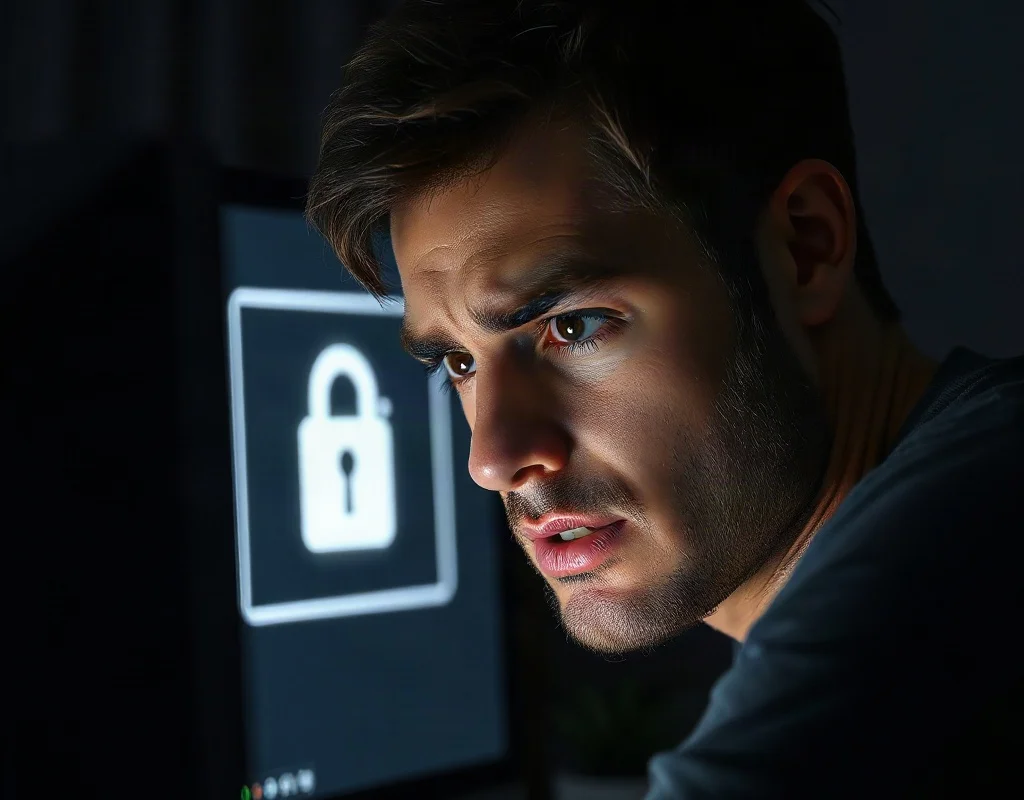 Stressed user reading a security warning on computer screen