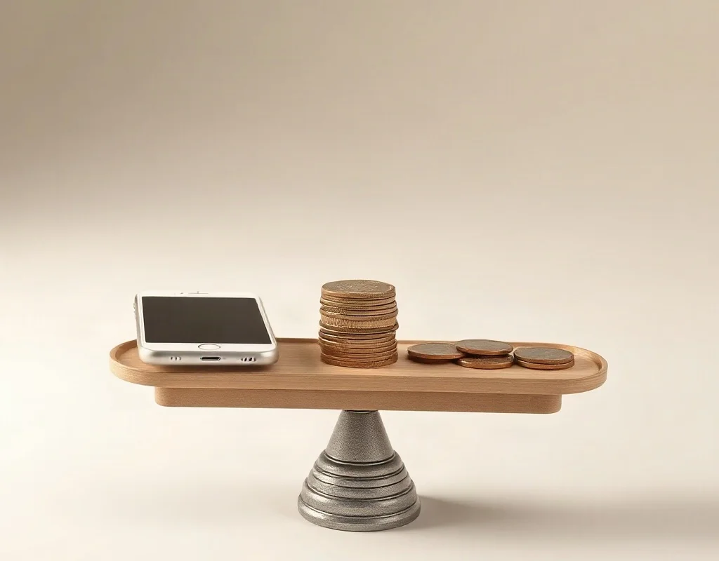 Balance scale comparing a smartphone and coins representing online earnings risks