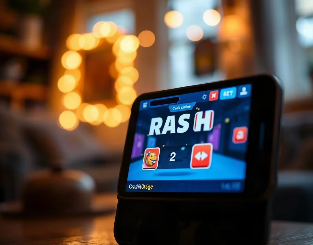 A smartphone displaying a crash game interface with a plane and graph, blurred background