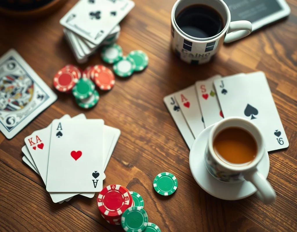 Top view of casino chips and playing cards on a wooden table, coffee cup in background