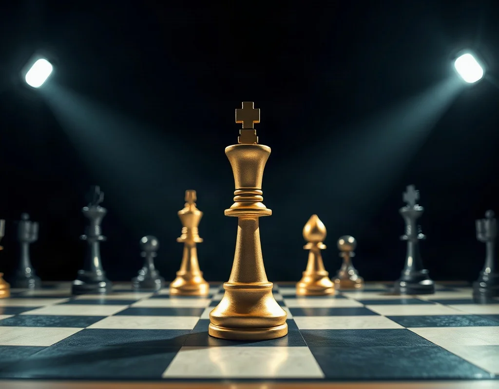 A glowing chess piece on a chessboard under dramatic lights, representing strategy