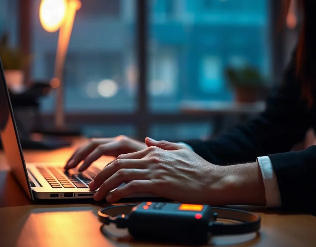 Hands typing on a laptop with a headset nearby representing customer support