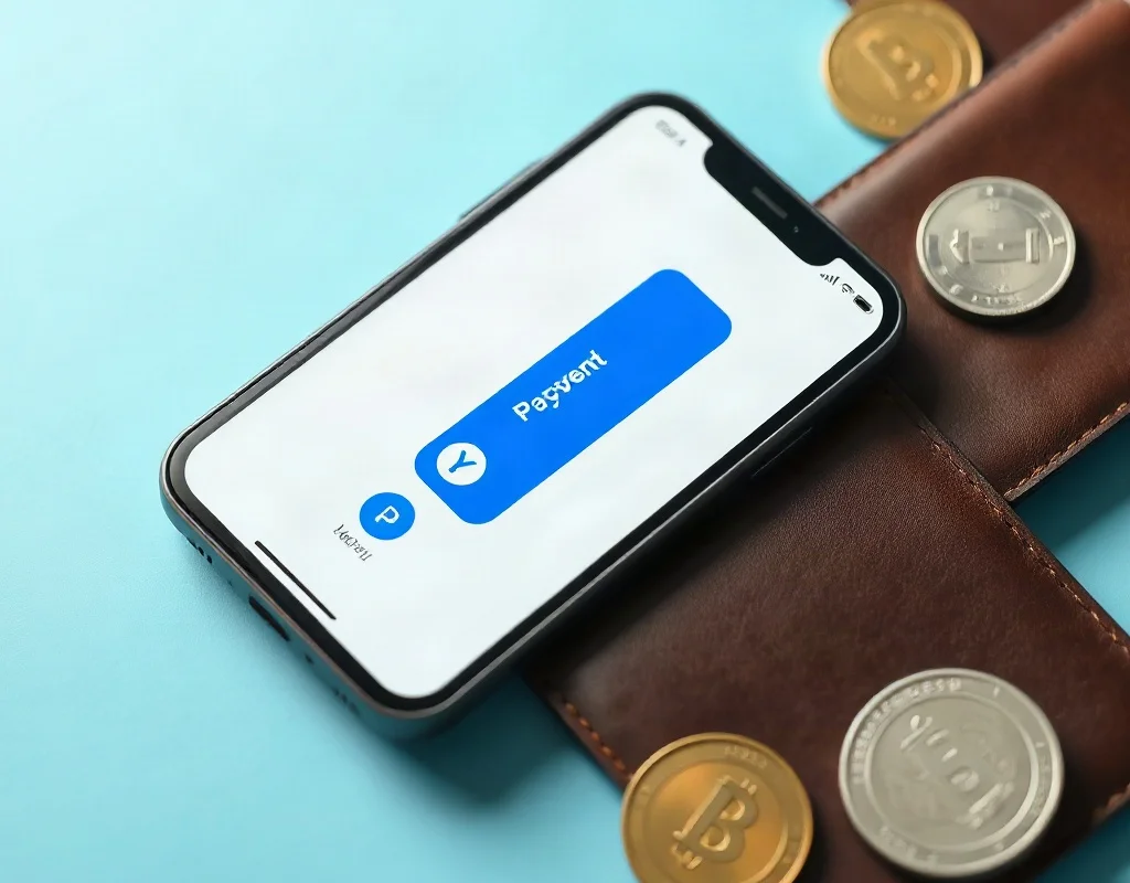 Smartphone with a payment symbol and wallet indicating transactions
