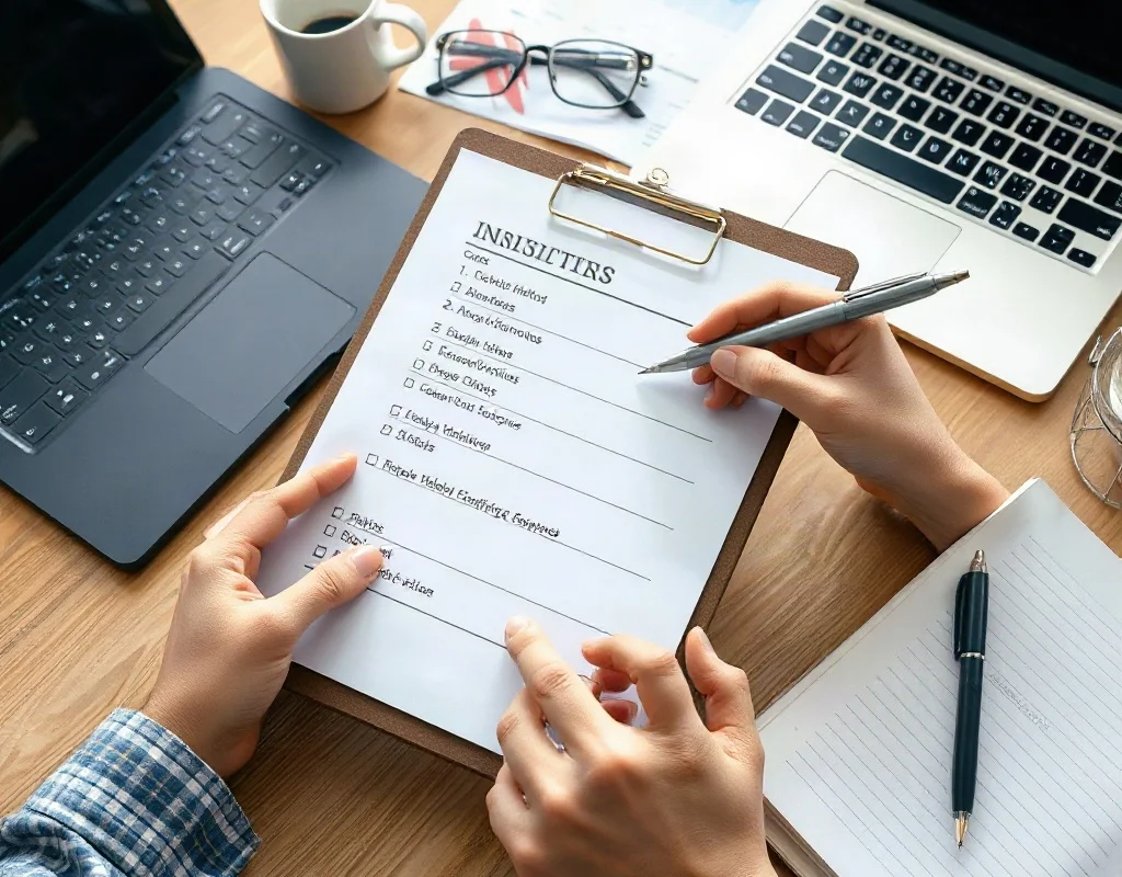 Preparing a list on a clipboard with a laptop and notes