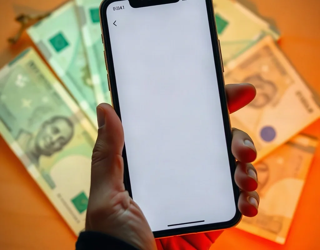 Hand holding smartphone with mobile wallet app and Pakistani rupees in background