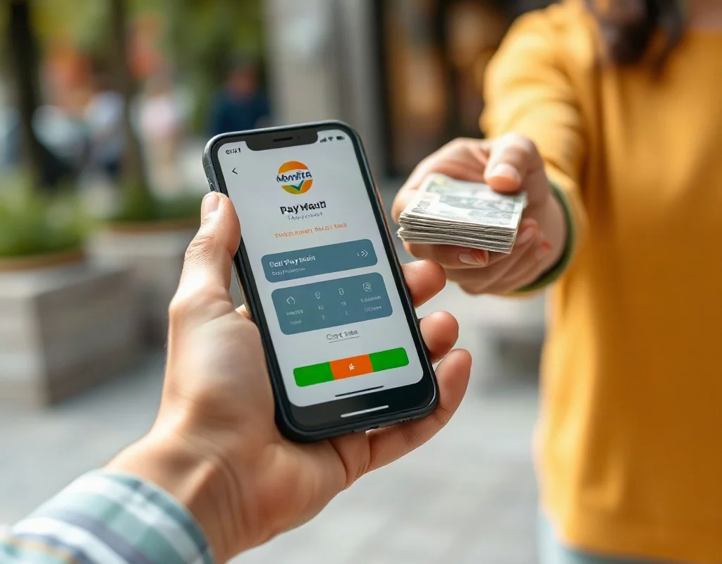 Two people completing a mobile payment transaction outdoors