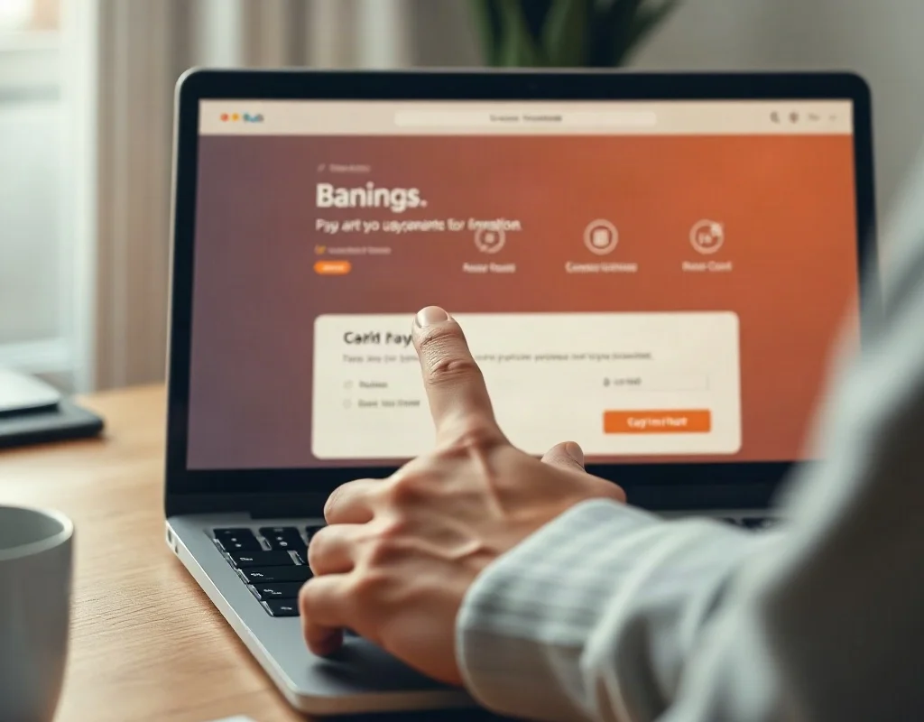 Laptop displaying online banking interface with payment confirmation