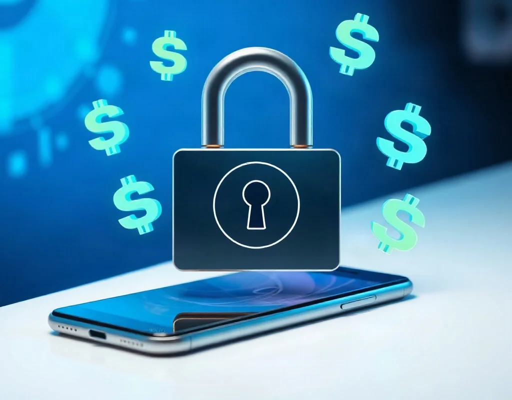 Digital padlock symbol representing secure transactions on a smartphone