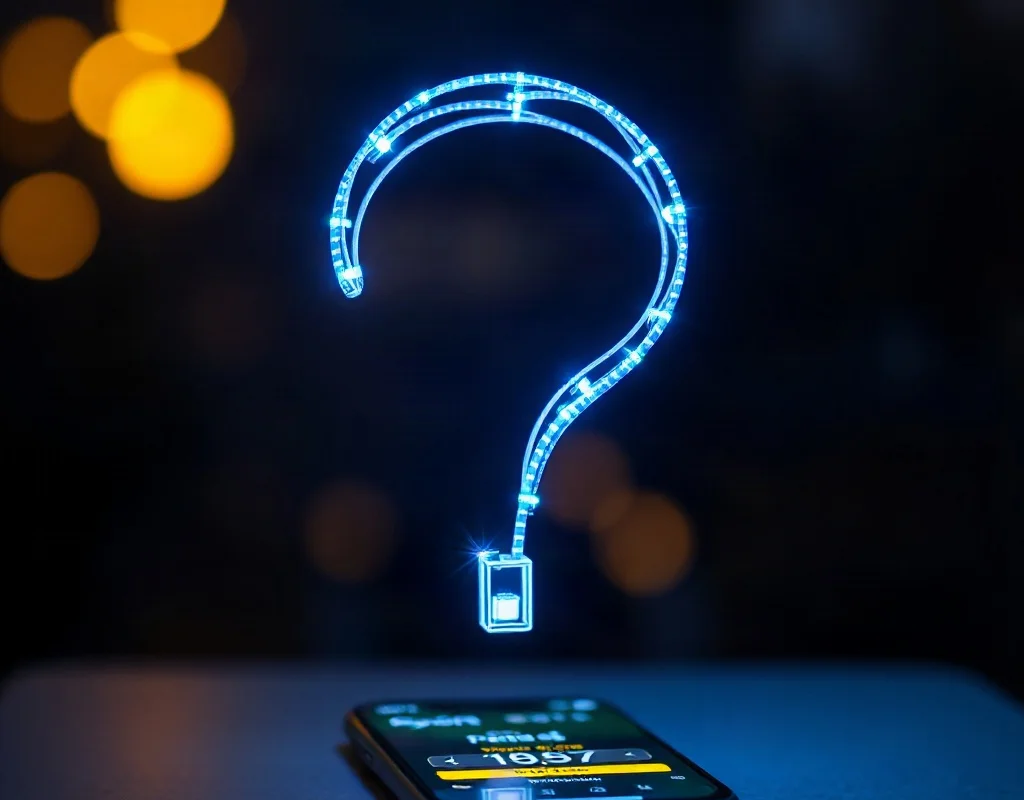 Glowing question mark above smartphone with payment app