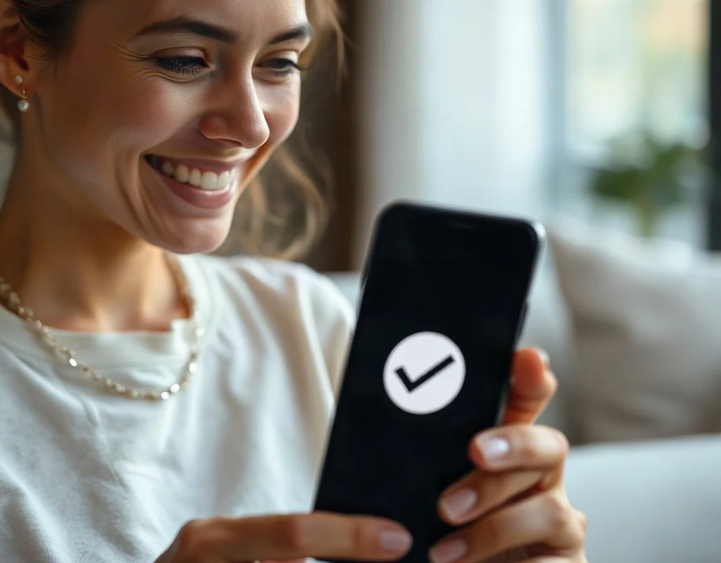 Person smiling while checking a successful transaction on smartphone