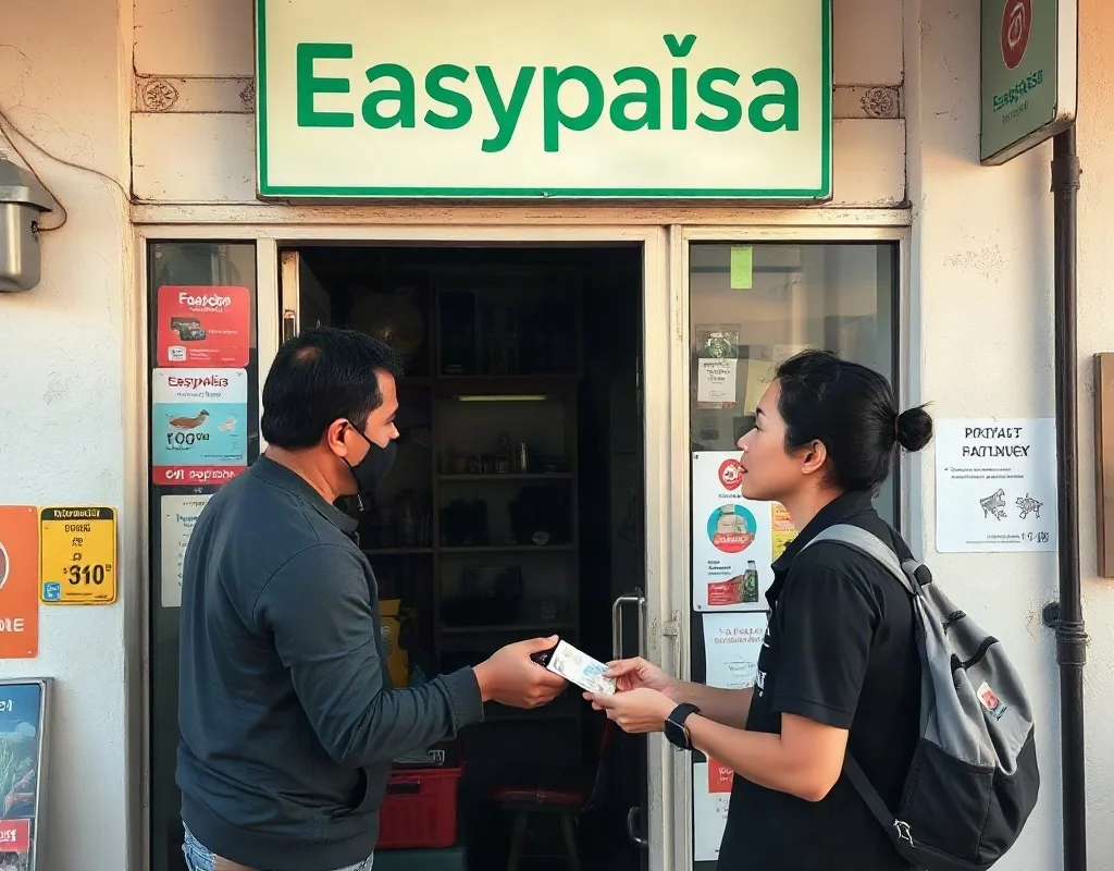 Customer receiving cash from a shopkeeper at an Easypaisa agent outlet