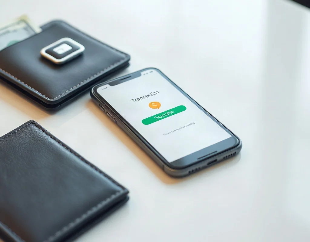 Smartphone showing a successful transaction symbol with wallet and cash nearby