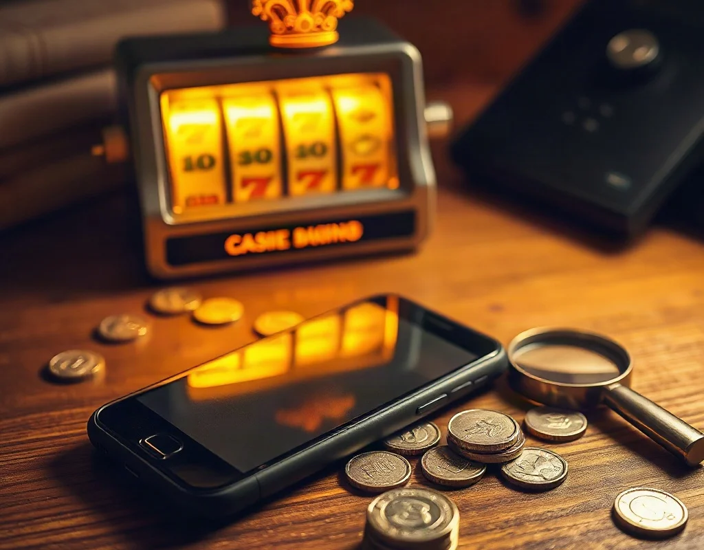 Smartphone with casino theme and coins representing X555 gaming bonuses