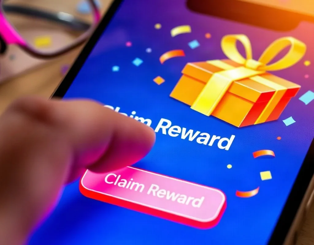 Hand claiming a bonus in a mobile gaming app