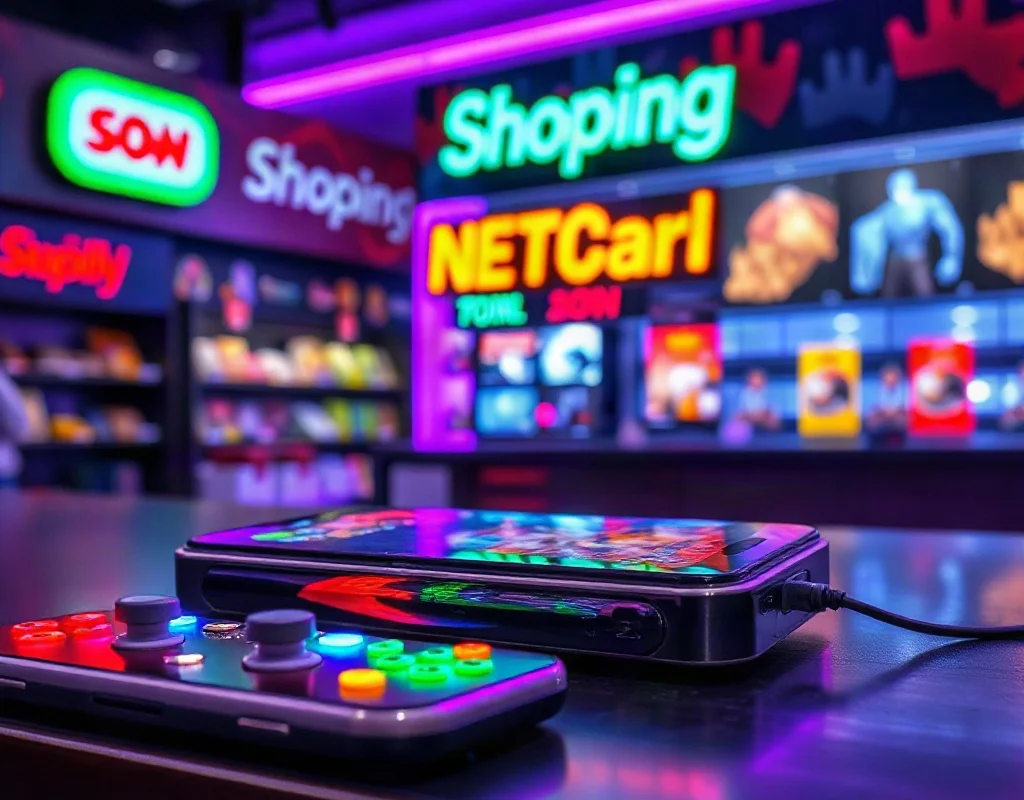Smartphone on a neon-lit desk with a game controller showing a generic game application