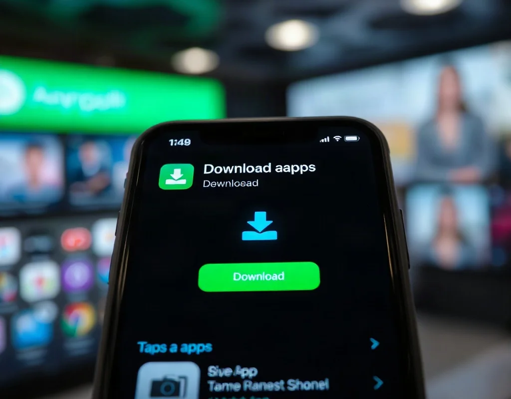 Close up of a smartphone displaying a download progress bar in an app store