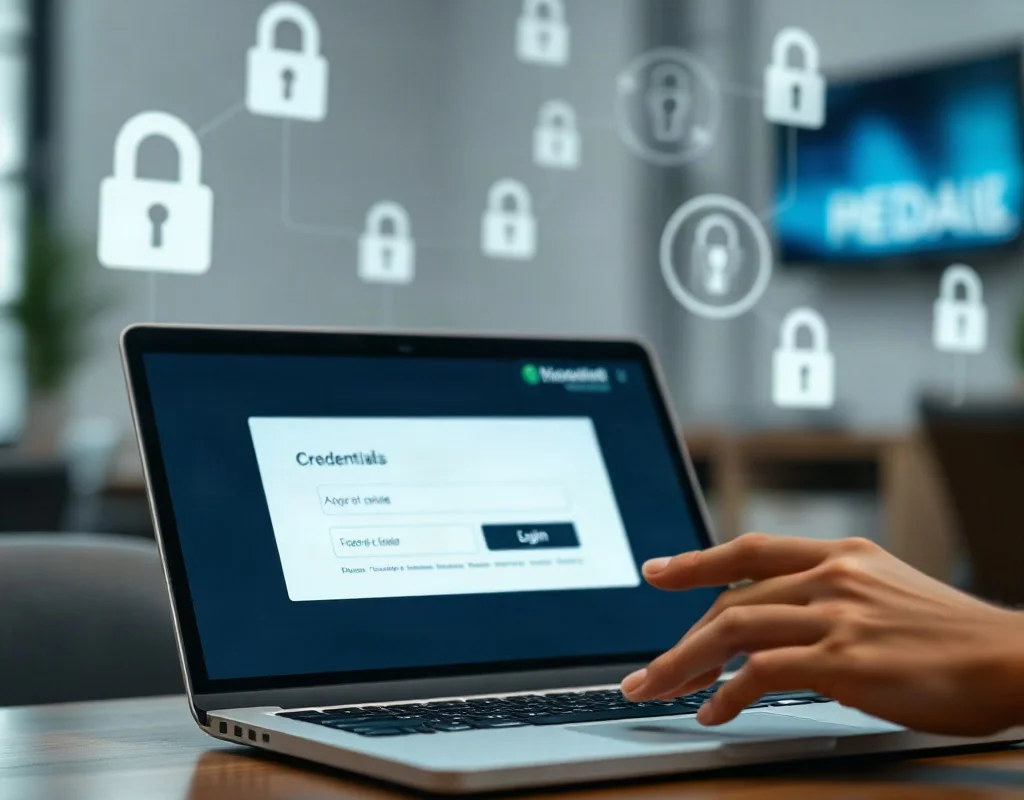 Person typing on a laptop with a blurred login screen and a padlock symbol concept