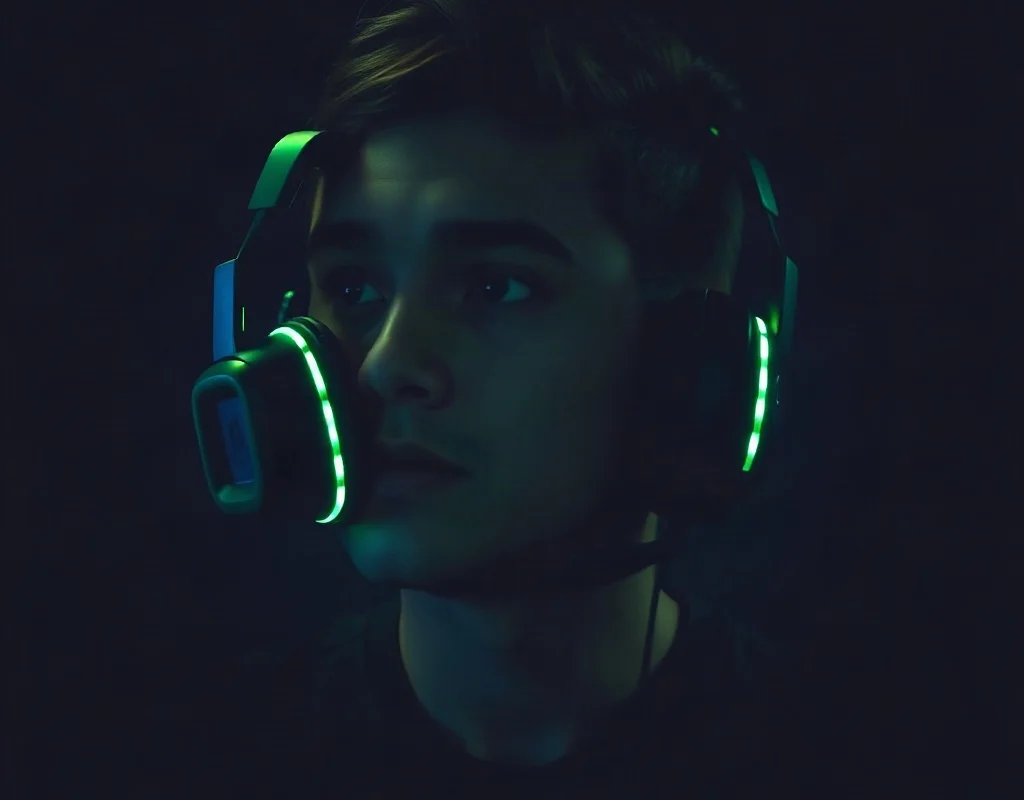 Enthusiastic gamer wearing headphones in a dark room with computer screen glow