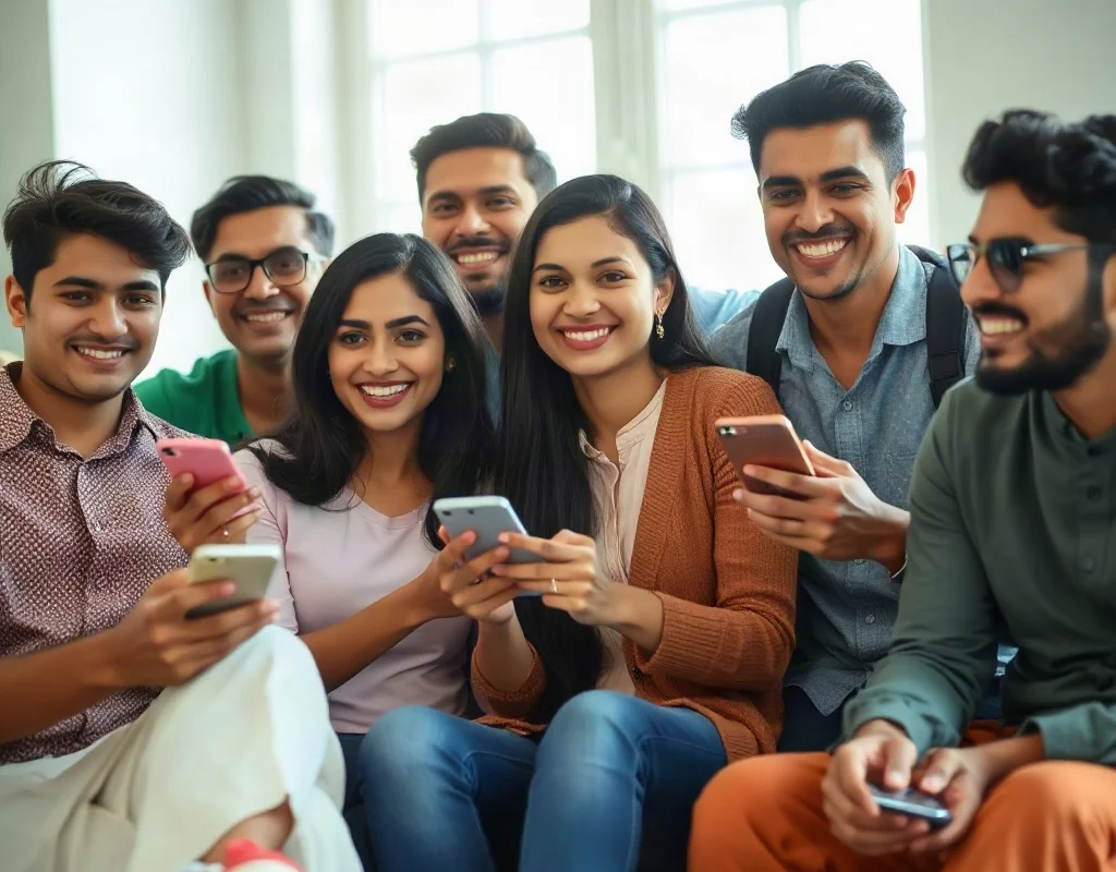 Pakistani young adults playing a mobile game on their smartphones