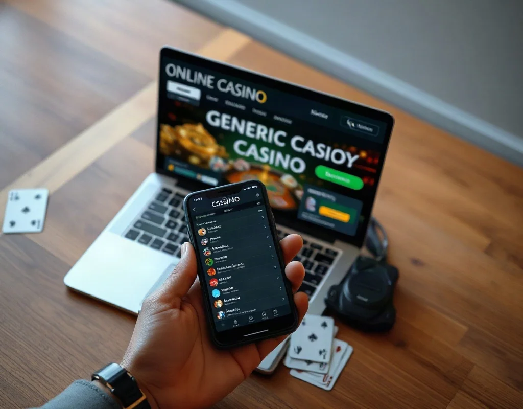 Online casino game menu displayed on a laptop and phone