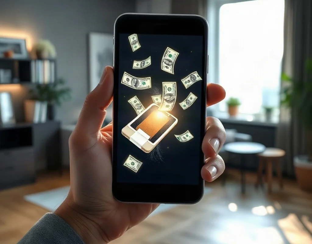 Hands holding smartphone with digital wallet and money symbols flying, representing online deposit.