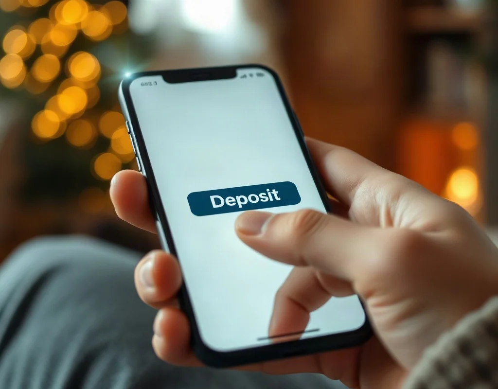 Close-up of person tapping deposit button on a smartphone app with floating money symbols.