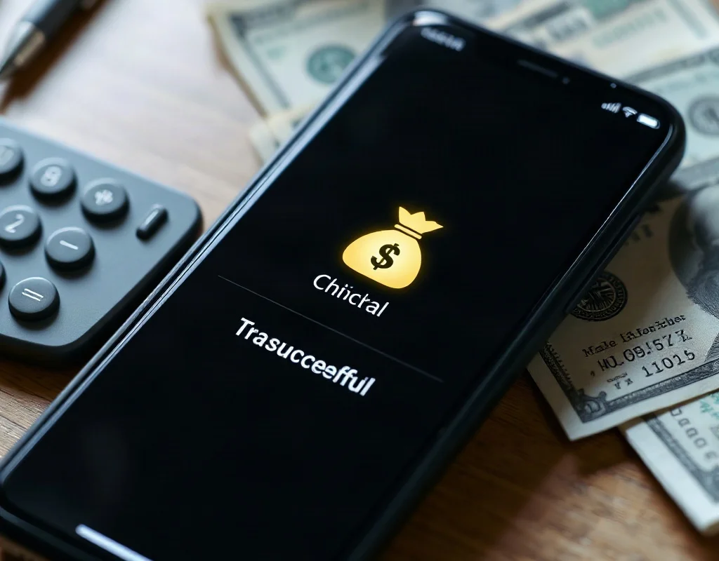 Smartphone displaying successful transaction checkmark next to a money bag and calculator.