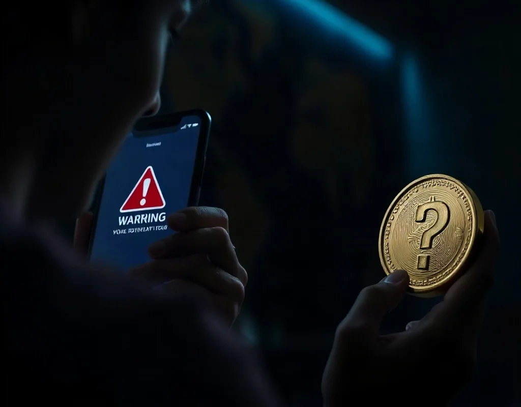 Person looking at smartphone with warning icon and coin with question mark, representing deposit problems.