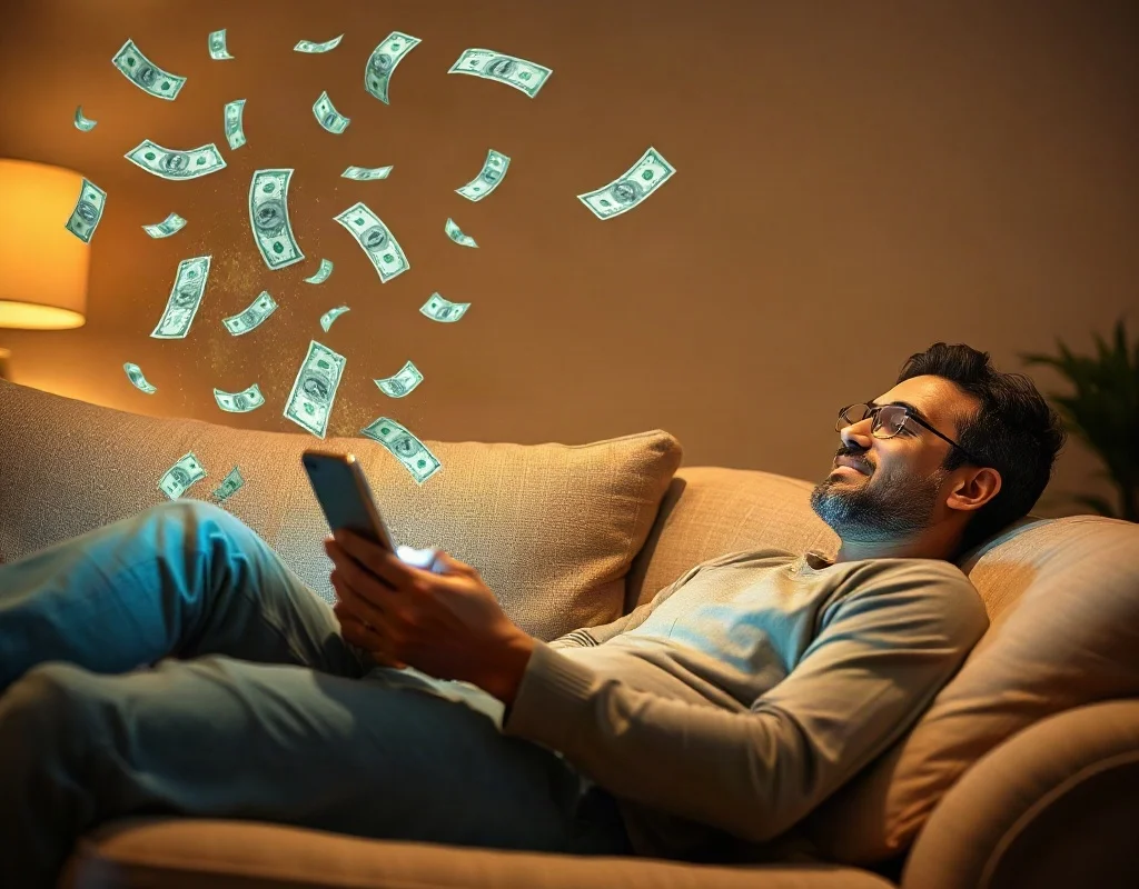Person relaxing on sofa using smartphone with digital money floating above, symbolizing responsible gaming.