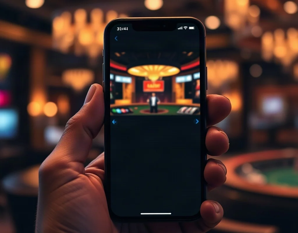 Hand holding a smartphone with a live casino game interface in a dark, elegant casino setting