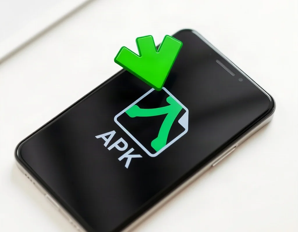 Smartphone with a download icon and APK file symbol on a clean desk