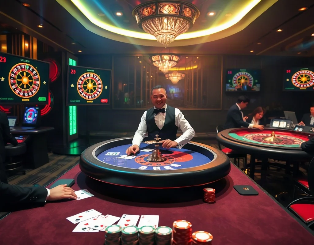 Professional live dealer and game tables with cards and chips in a vibrant casino room