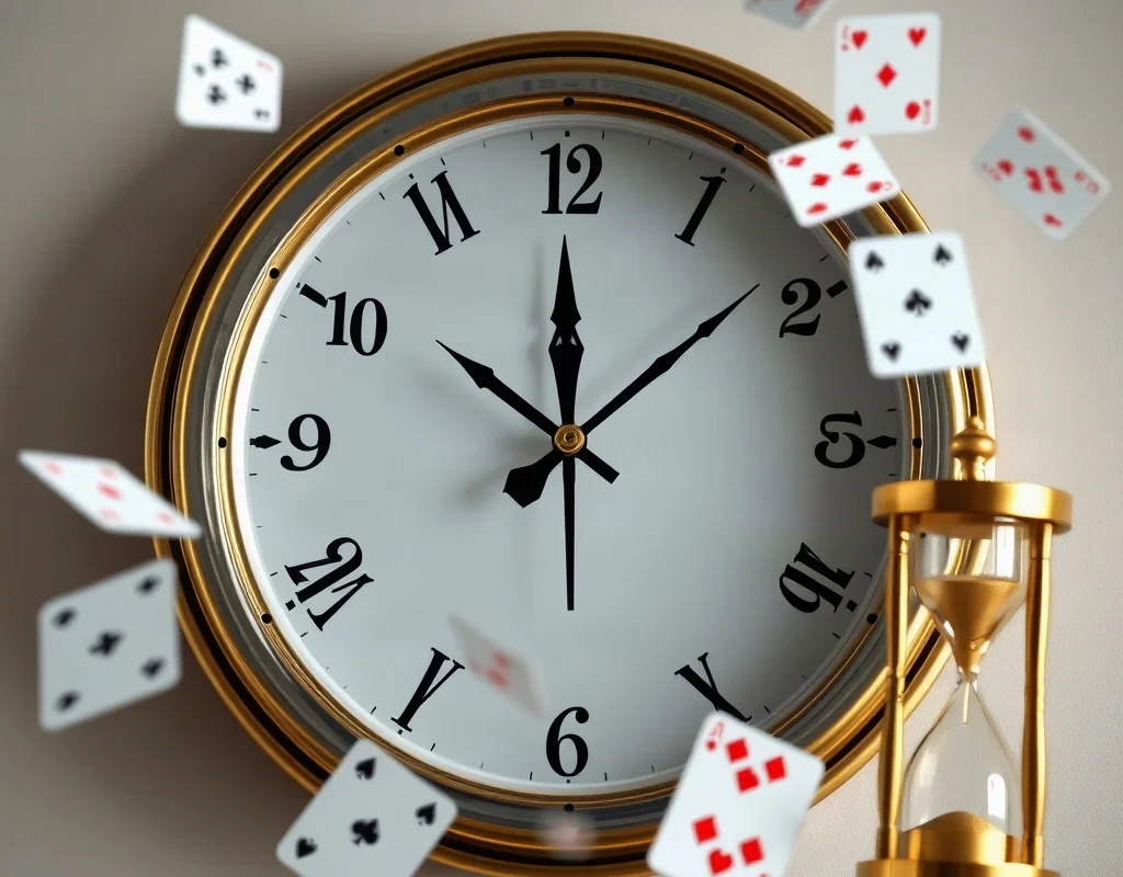 Conceptual image of a wall clock and calendar with playing cards and hourglass