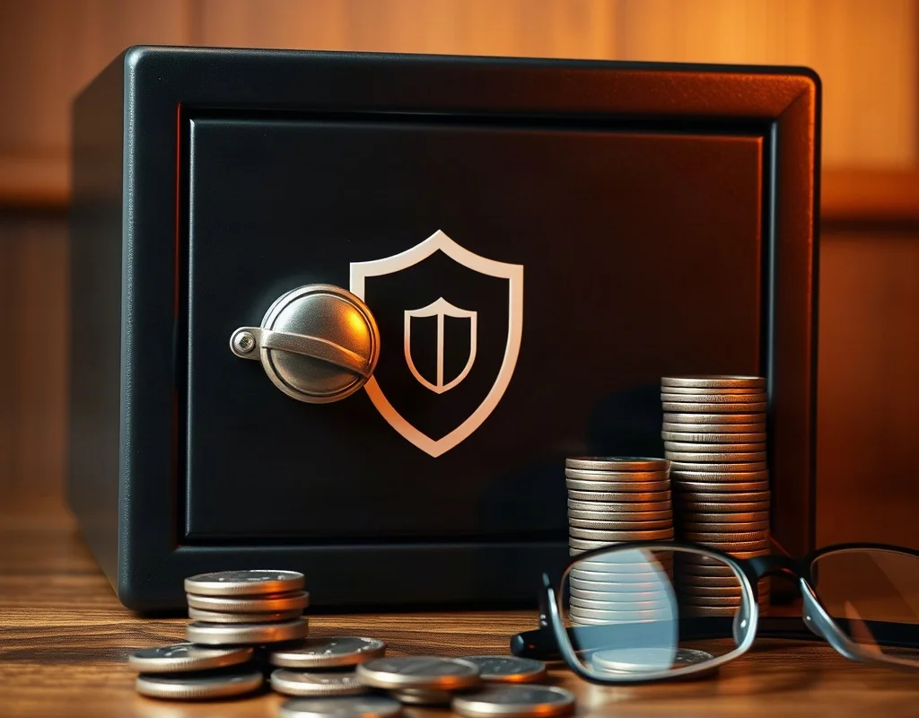 Safe deposit box with a shield symbol and stack of coins on a wooden table