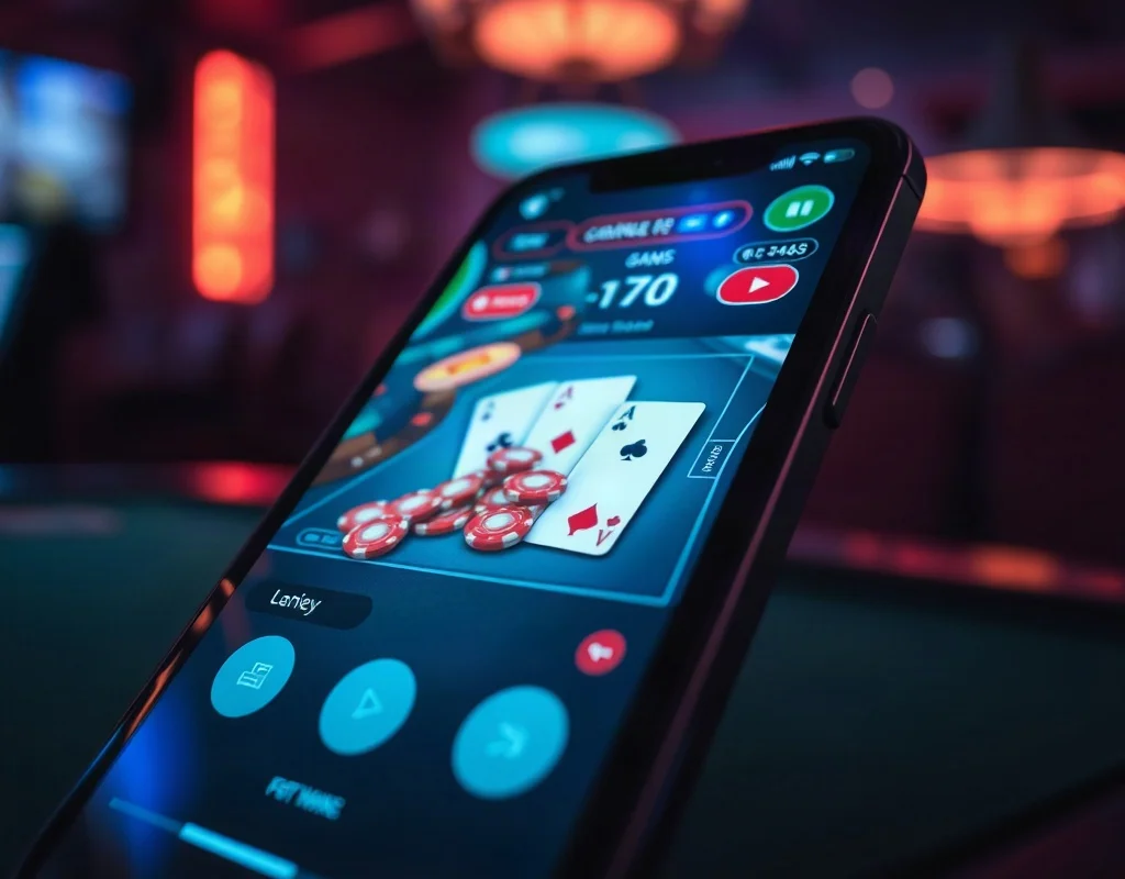 Smartphone displaying X555 online casino games with playing cards and poker chips in the background