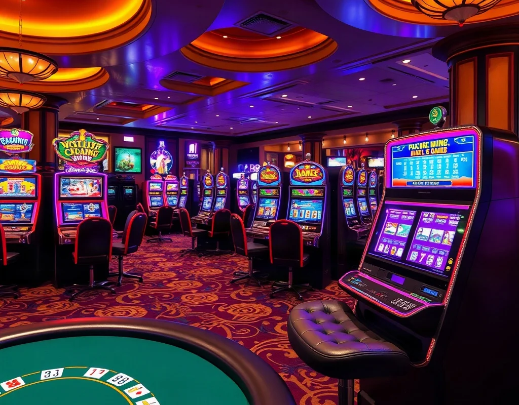Vibrant slot machines and card tables inside a bustling casino floor