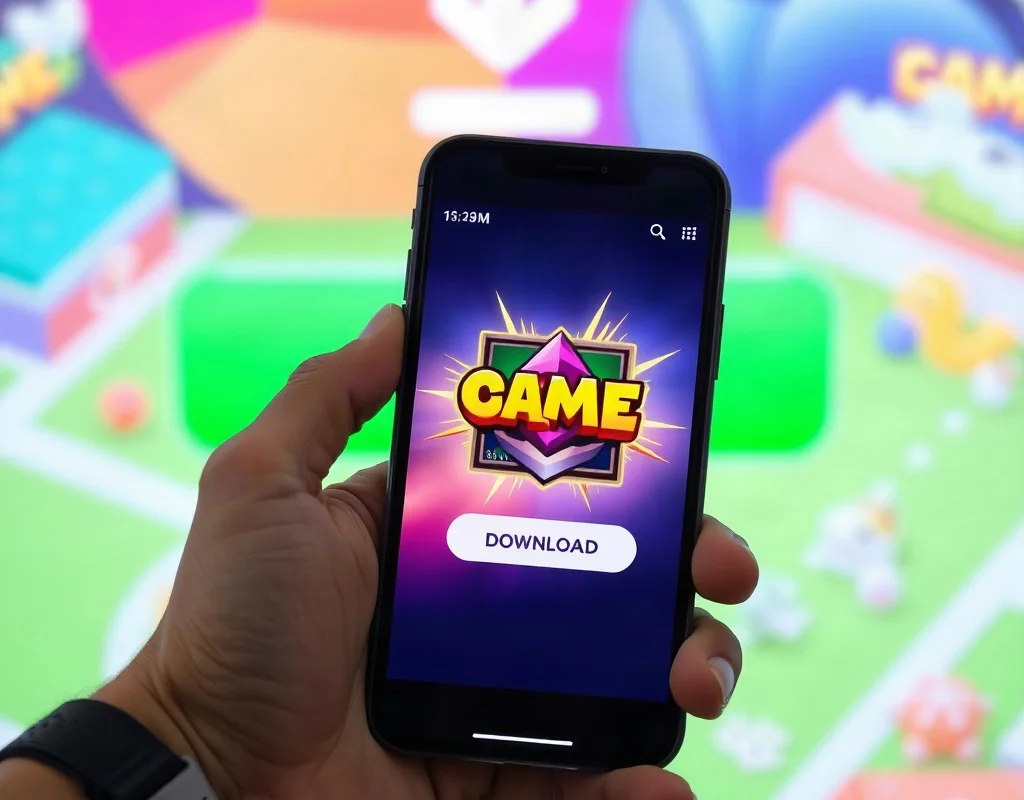 Hand holding a smartphone with a bright game download icon on the screen