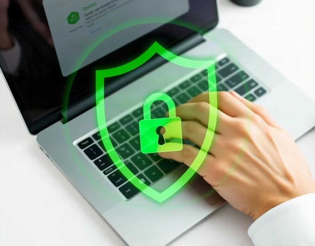 Hands typing on a laptop with a security lock icon overlay representing safe online registration