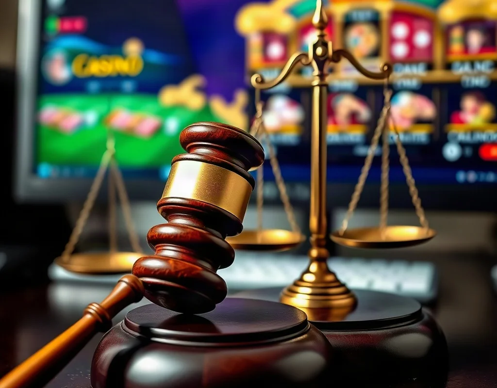 A gavel and justice scale on a desk with a blurred computer screen showing a casino game